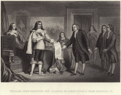 William Penn tar emot Pennsylvanias charter från Charles II av English School