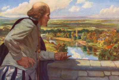 William Shakespeare tittar ut över England (färg litho) av English School