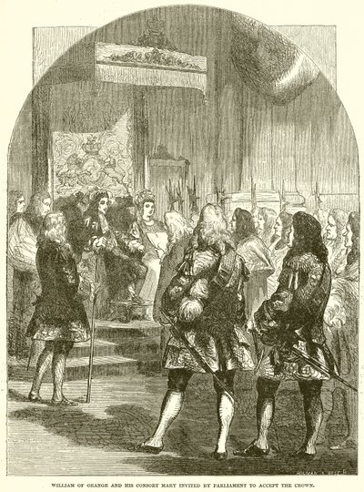 William av Orange och hans gemål Maria inbjudna av parlamentet att ta emot kronan av English School