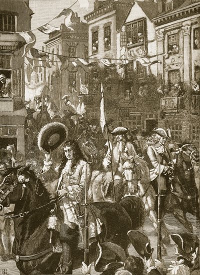 Williams triumferande procession till Whitehall, illustration från Cassells Illustrated History of England (sepiafoto) av English School