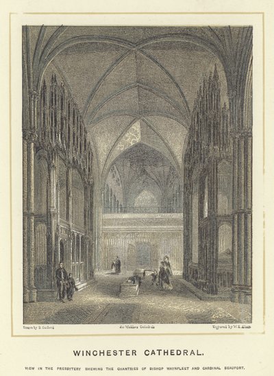 Winchester Cathedral, utsikt i presbyteriet som visar biskop Waynfleets och kardinal Beauforts kantor av English School