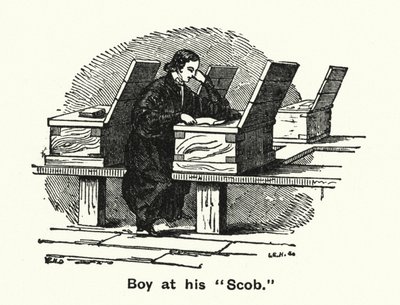 Winchester College: Boy at his "Scob" (gravyr) av English School