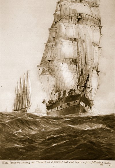 Vindstörare kommer uppför kanalen på ett strömmande hav och före en snabb följdvind, 1914-19 av English School