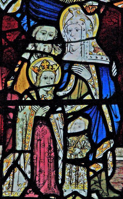 Window Ew föreställande St Anne, Joachim, Jungfru Maria och Kristusbarnet av English School