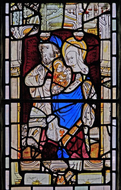 Window Ew föreställande St Anne, Joachim, Jungfru Maria och Kristusbarnet av English School