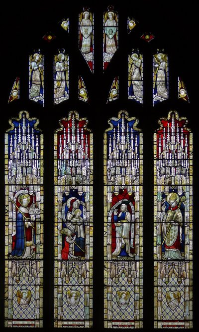 Window Ew som visar östfönstret: glas här kom ursprungligen från kyrkan i Stretton Sugwas av English School