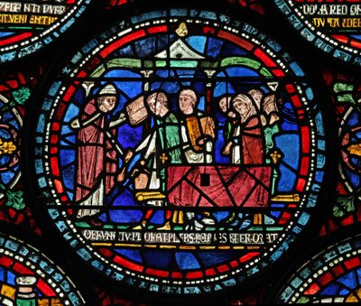 Fönster s6 som visar en scen från ett mirakelfönster från St Thomas Becket: Gilbert de Brun (?) begravning av English School