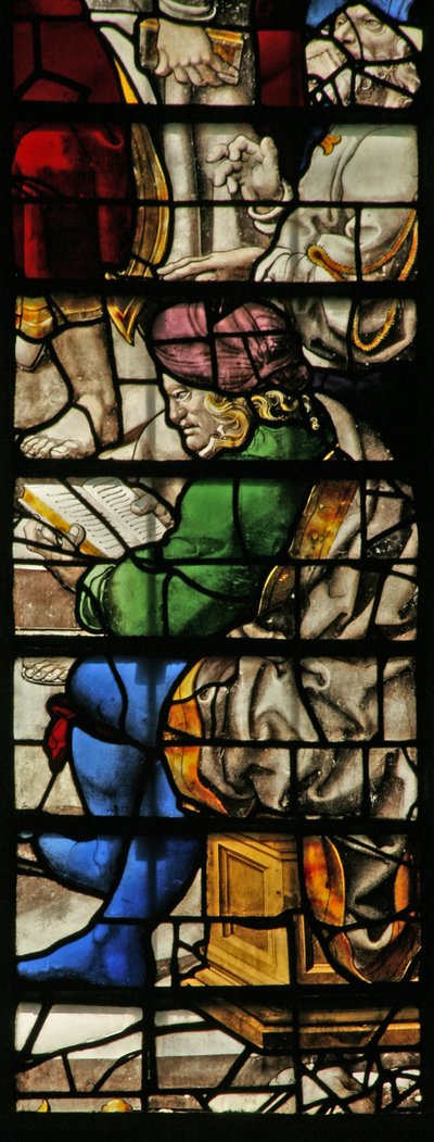 Fenster w22, Darstellung einer Figur, die dem Heiligen Paulus in Damaskus zuhört von English School