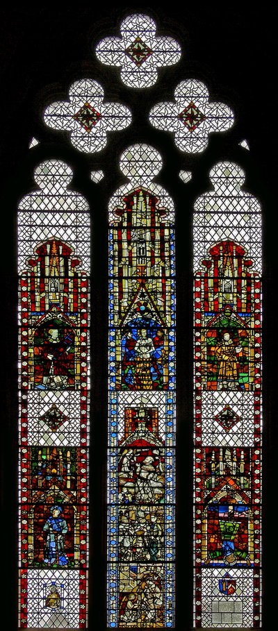 Fönster w32 som visar St George, St Lawrence, St Stephen, St Cuthbert, St Peter, St Anne, St Joachim av English School