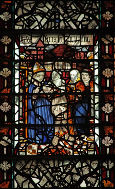 Fönster w58 föreställande St Thomas Becket med en fånge och 2 andra figurer av English School