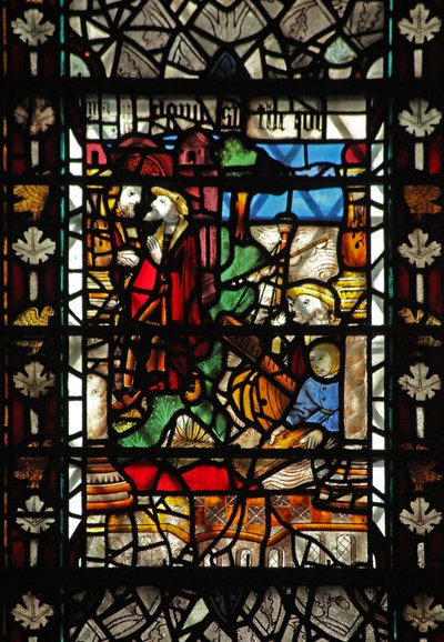 Fönster w58 som visar en scen från historien om St Thomas Becket - en landstigningsscen av English School