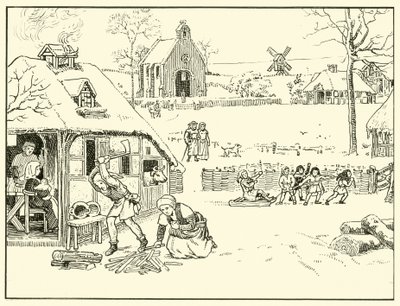 Vinterscen i en by. 14th Cent (bläck på papper) av English School