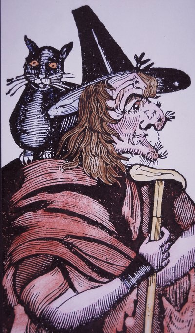 Häxa med sin katt bekant (träsnitt) av English School
