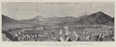 Med Tirah Expeditionsstyrkan, fågelperspektiv över brigadgeneral Ian Hamiltons brigad, Barkai Camp, Bara Valley (litho) av English School