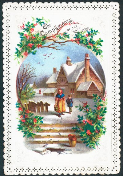Kvinna och pojke som går i snön, julkort av English School