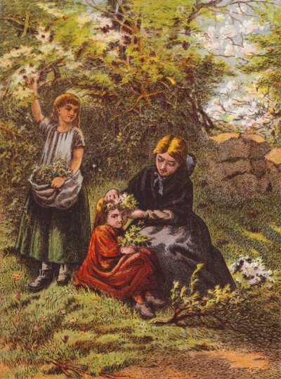 Kvinna sätter blommor i håret på en flicka (färglitografi) av English School