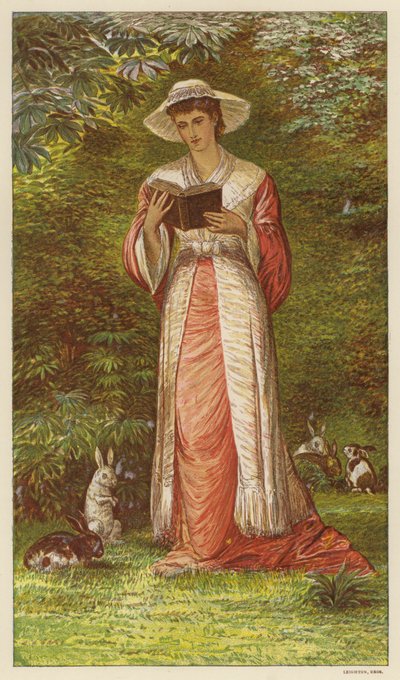 Kvinna som läser en bok i en trädgård med kaniner (färg litho) av English School