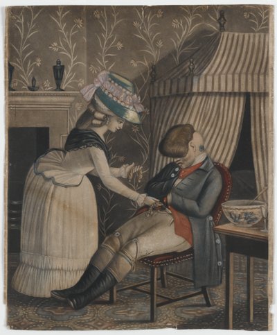 Kvinna som stjäl en strumpväska och fickur från en sovande man, ca 1790 (handfärgad mezzotint) av English School