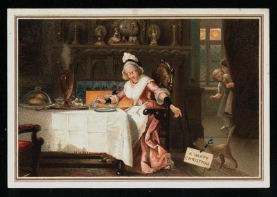 Kvinna som tar te med sin katt, julhälsningskort. (chromolitho) av English School