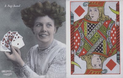 Kvinna med spelkort och Jack of Diamonds (färg litho) av English School