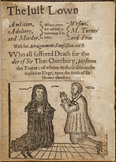 Träsnitt på ämnet mordet på Sir Thomas Overbury. Sir Thomas Overbury var en engelsk poet och essäist, även känd för att ha blivit offer för ett mord som ledde till en skandalös rättegång. av English School