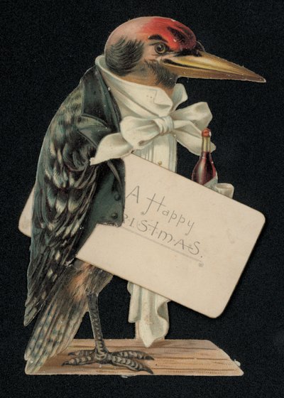 Hackspett klädd som servitör eller butler, julhälsningskort (chromolitho) av English School