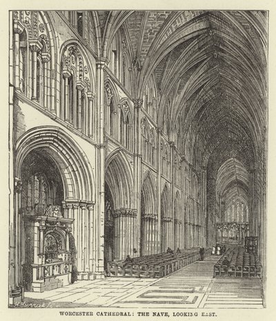 Worcester Cathedral, långhuset, österut av English School