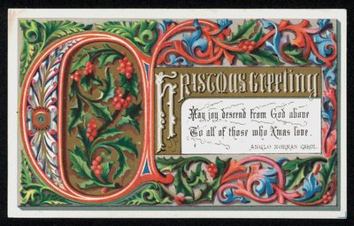 Ord från en anglo-normandisk julsång, julhälsningskort. (chromolitho) av English School