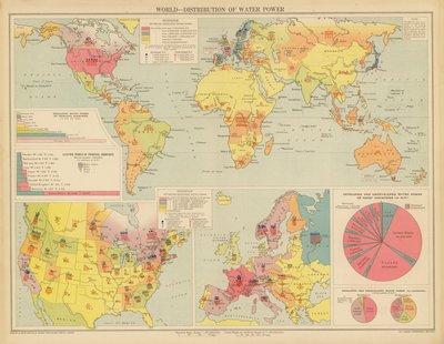 Världen, distribution av vattenkraft (färglitografi) av English School