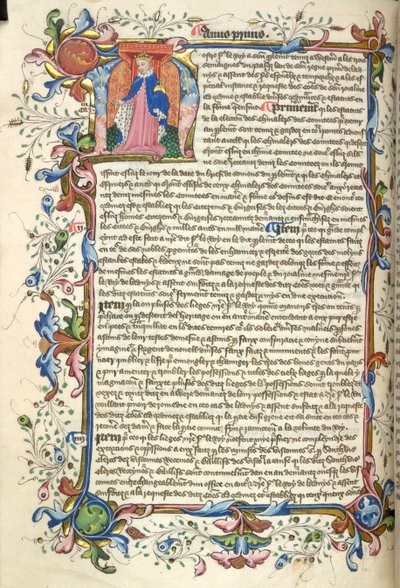 Yates Thompson 48, f.172v Historiserad initial "N"(ostre) av Henrik V, och en hel bladbård, i början av hans stadgar, från "Nova Stauta" (pergament) av English School