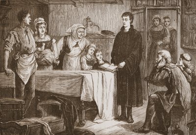 Unga Calvin förklarar Bibeln för en familj i Bourges, illustration från The History of Protestantism av James Aitken Wylie (1808-1890), pub. 1878 av English School