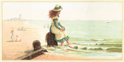 Ung flicka som paddlar fötter i havet, kort av English School