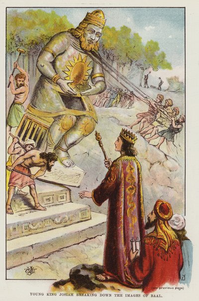 Unge kung Josiah bryter ner bilderna av Baal (färg litho) av English School
