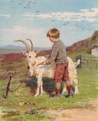 Ung pojke som matar en morot till en get på en gård (chromolitho) av English School