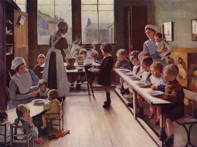 Små barn vid måltid i en dagis (färg litho) av English School