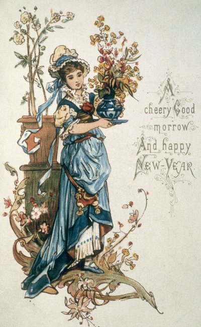 Ung flicka i blått för att önska dig en riktigt glad jul och nytt år, c.1900 av English School