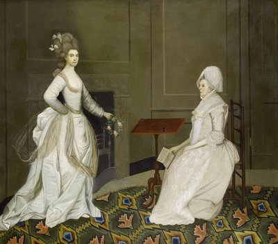 Två damer i en interiör, en läser, den andra håller i en krans av blommor av English School, 18th Century