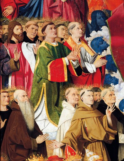 Religiösa ordnar och prästerskap, detalj från kröning av jungfrualtartavlan av Enguerrand Quarton (cirka 1410-1466), tempera på panel av Enguerrand Quarton