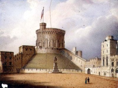 Worcester-plakett föreställande Round Tower, Windsor Castle, ett i ett par, ca 1830-40 (porslin) (för par se 72834) av Enoch Doe