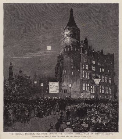 Tillkännagivande av resultatet av 1892 års allmänna val från Liberal Club, Westminster, London (litho) av Enoch Ward