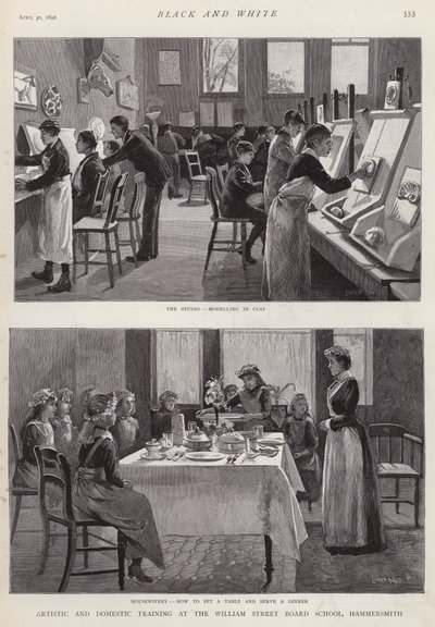 Konstnärlig och inhemsk träning vid William Street Board School, Hammersmith, London (litho) av Enoch Ward