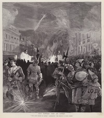 Guy Fawkes Day procession i Lewes, Sussex, 5 november 1892 (litho) av Enoch Ward