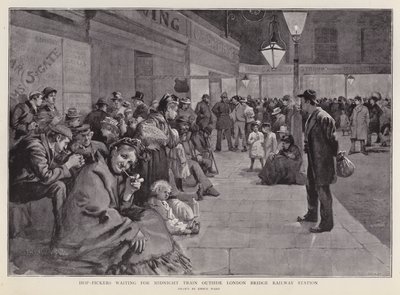 Humleplockare väntar utanför London Bridge Station på midnattståget till Kent (litho) av Enoch Ward