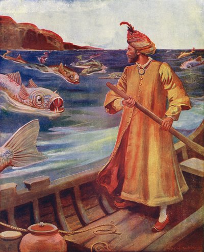 Sindbad ser de stora fiskarna (färglitografi) av Enoch Ward