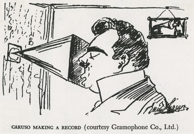 Caruso gör sin första grammofoninspelning, 1902 (teckning) av Enrico Caruso
