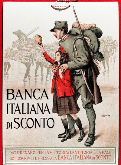 Första världskriget: Italiensk affisch som uppmuntrar ett nationellt lån som föreställer en soldat med en liten flicka som erbjuder sin lira - Illustration av Enrico della Leonessa (lejoninna) (1875-1921) av Enrico della Lionne