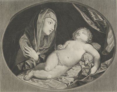 Jungfrun med armarna i kors över bröstet och tittar på det sovande spädbarnet Kristus, i..., 1770-1834. av Ephraim Gottlieb Krüger