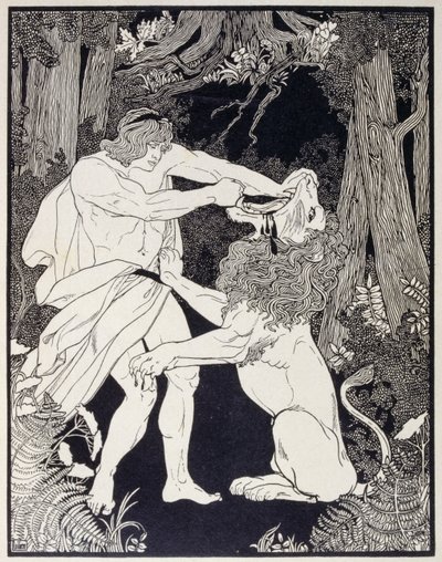 Teckning av Samson kämpande mot ett lejon (gravyr) av Ephraim Moses Lilien