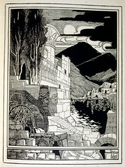 Ruinerna av Sodom, från boken Juda illustrerad av Ephraim Moses Lilien (1874-1925). Lilian anses vara fadern till den sionistiska ikonografin, skapad i Jugendstil (tysk art nouveau) stil. Han illustrerade 