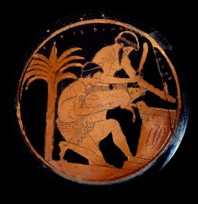 Grekisk konst: kopp med röda figurer i keramik, medaljong: offring av en gris på ett altare under en religiös rit. Gjord av målaren av Epidromos. 500 f.Kr. Paris, Louvren av Epidromos Painter